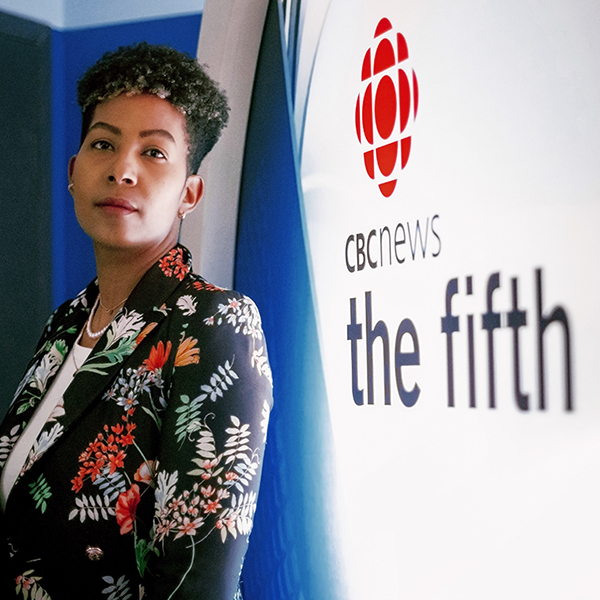 Allya-Davidson in front of CBC News/The Fifth Estate logo