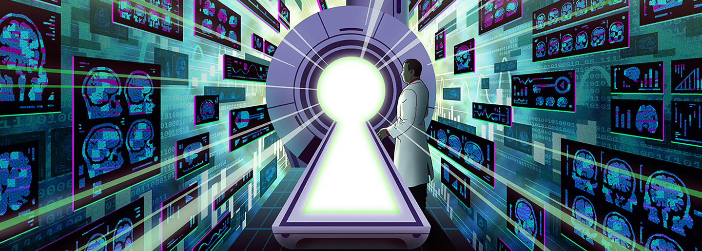 Illustration of a doctor standing beside an MRI machine