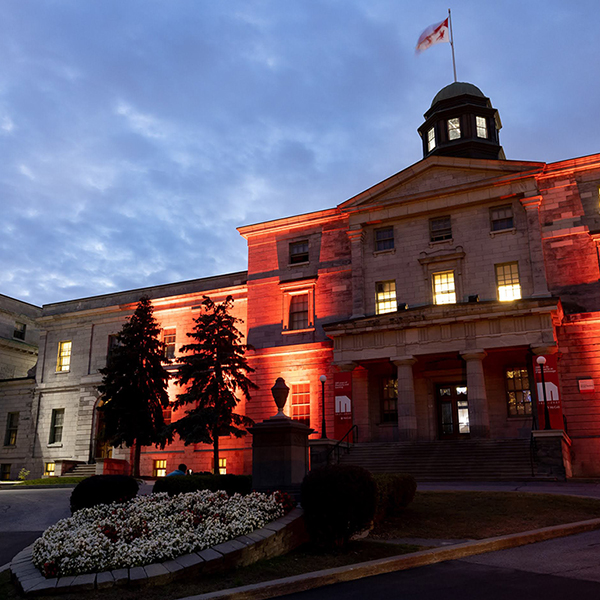 The McCall MacBain Arts Building was bathed in orange light to mark Canada's first National Day for Truth and Reconciliation on September 30 (Photo: Owen Egan and Joni Dufour)