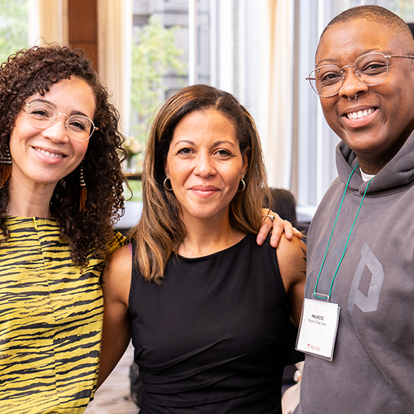 From left: Assistant professor Sarah Riley Case, associate professor Debra Thompson and Maurice Riley Case at a Homecoming event about Thompson’s acclaimed new memoir (Photo: Paul Fournier)