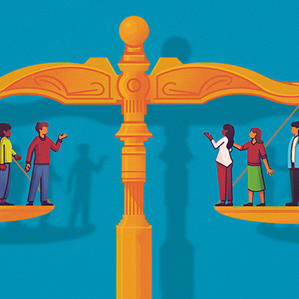 Illustration of people balanced on the scales of justice