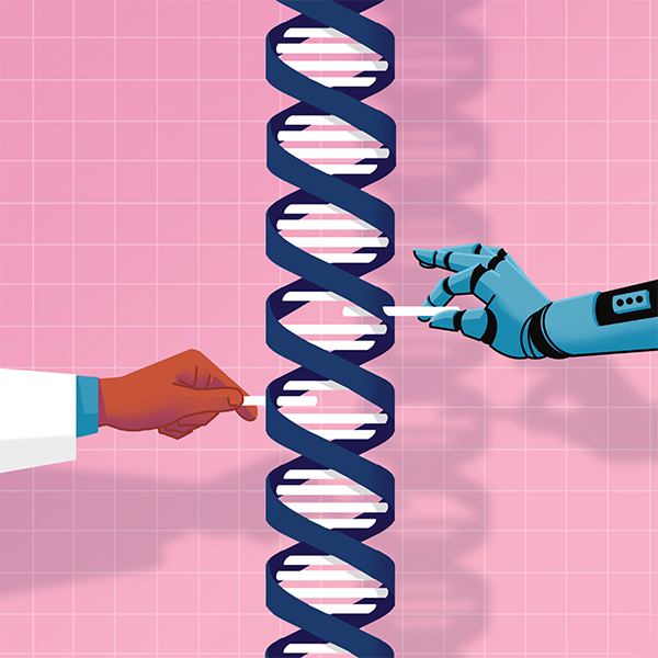 Illustration of a DNA string being manipulation by both human and robot hands