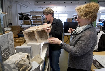 Julia Gersovitz examining masonry with Nancy Labrecque