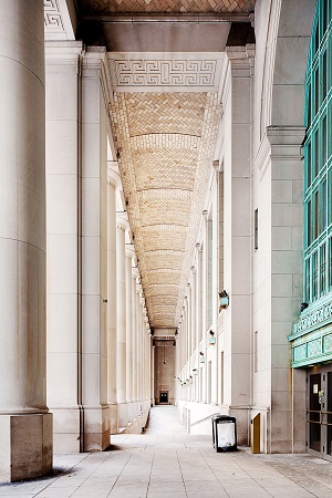 Looking down the columns of Toronto’s Union Station