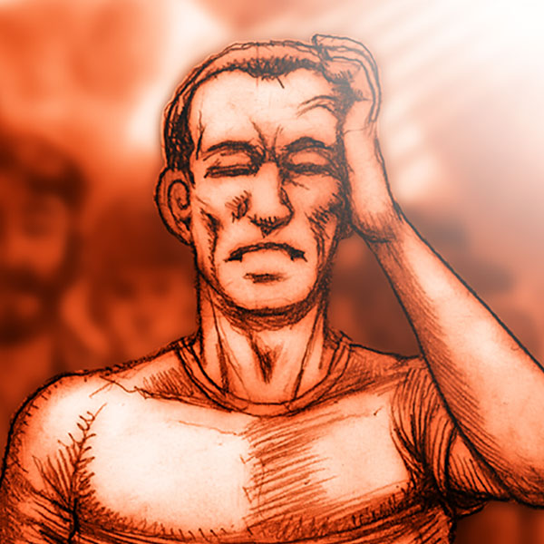 Illustration of a man squinting and pressing on his forehead