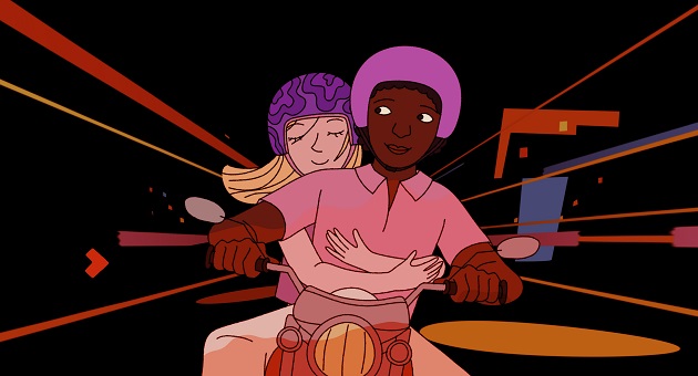 A cartoon of two people riding a motorcycle.