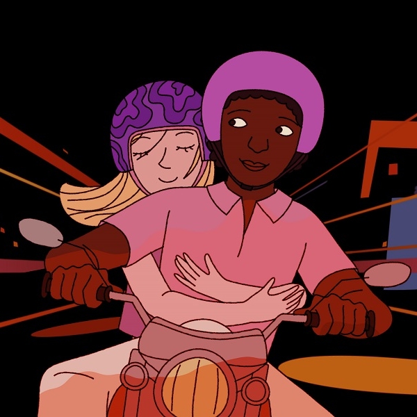 A cartoon of two people riding a motorcycle.