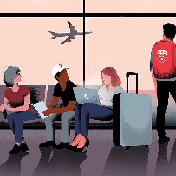 Illustration of McGill alumni in an airport waiting lounge