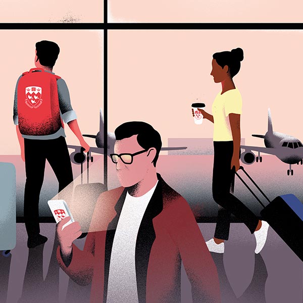 Illustration of McGill alumni in an airport waiting lounge