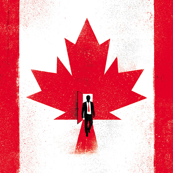 Illustration of a man in a suit walking through a door in the middle of the Canadian flag