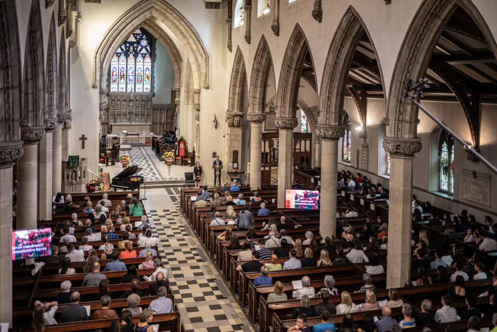 A church with people sitting in pews