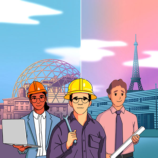 An illustration of couple of people wearing hard hats, holding a computer