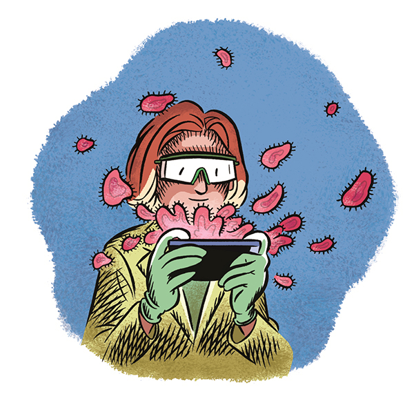 A cartoon of a person wearing protective glasses and holding a phone.