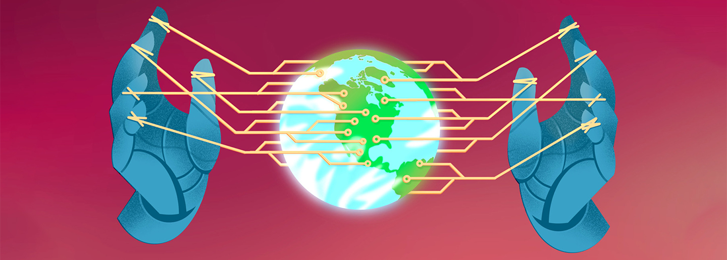 An illustration of hands holding a planet