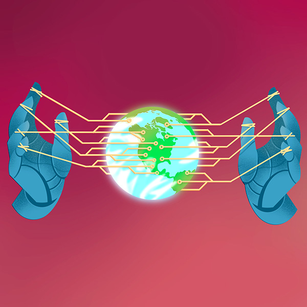 An illustration of hands holding a planet