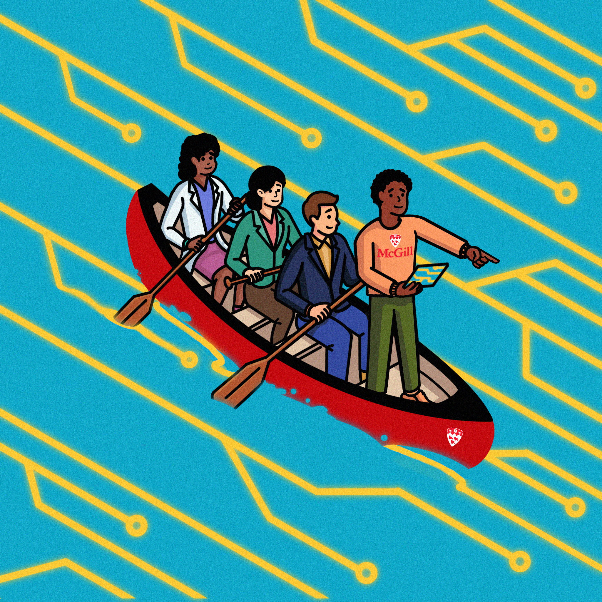 An illustration of a group of people in a boat.